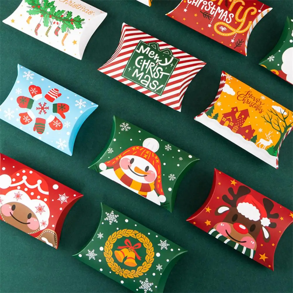 10Pcs Merry Christmas Kraft Box Christmas Pillow Candy Box Family Gathering Gift Cute Candy Santa Claus Gift Kids Xmas Decor