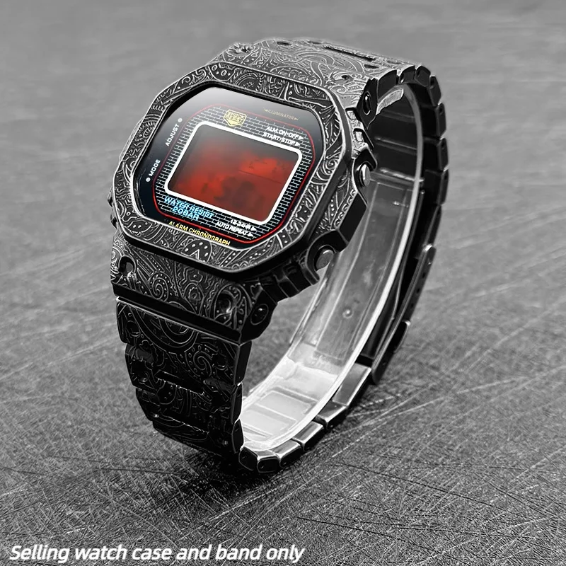 Vintage Engrave Metal Band Watchband Case For Casio DW5600 GWM5610 GWM-B5000 Stainless Steel Watch Strap Men's Watch Accessories