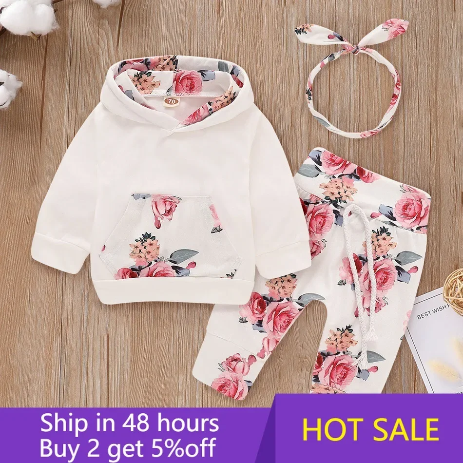 Conjunto de ropa para niña pequeña, Sudadera con capucha y bolsillo blanco, pantalones con estampado Floral y Diadema, Moda de Primavera para recién