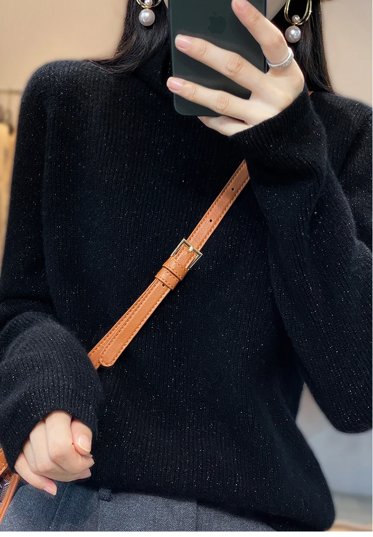 Autumn and winter new 100% cashmere sweater women's high neck thick bright silk sweater loose wool knit bottoming coat