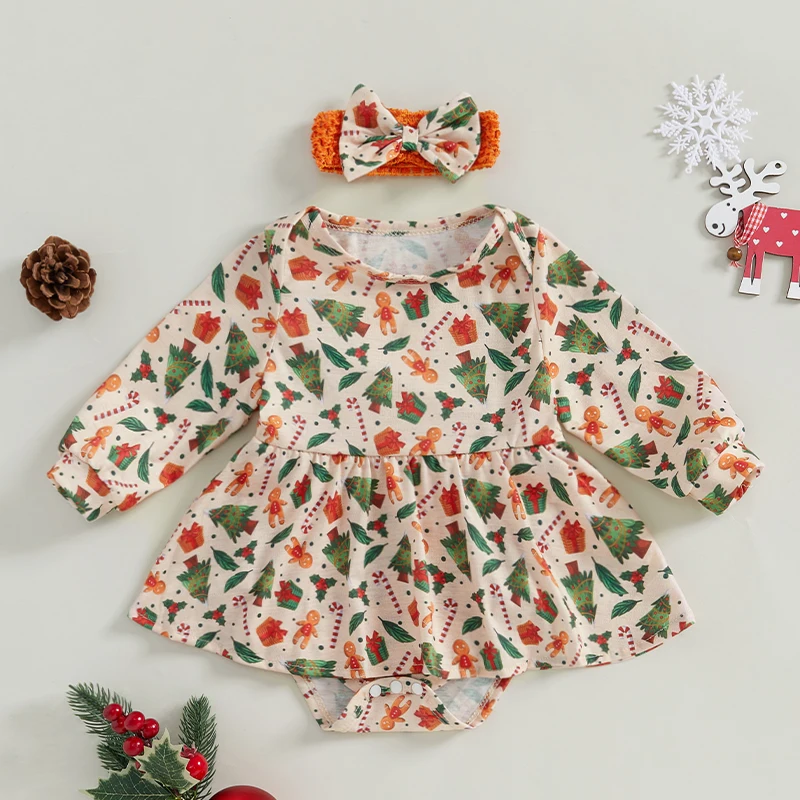 Baby Girls 2Pcs Christmas Outfits Long Sleeve Gingerbread Print Romper Dress Headband Set Newborn Clothes image 3