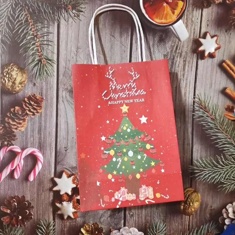 2/5/10PCS  Christmas Kraft Tote Bags Santa Fawn Gift Bags Xmas Holiday Party Kids Candy Cookie Wrapping Bags Christmas Party