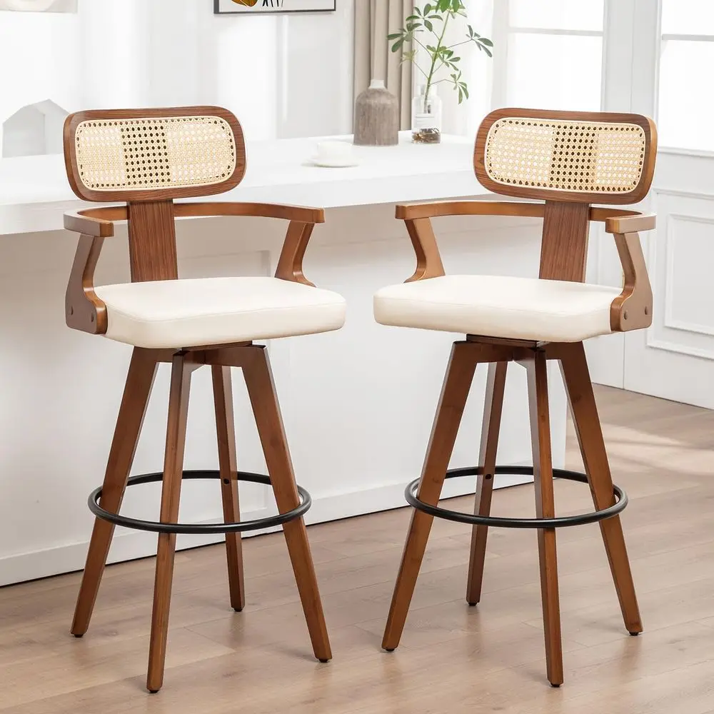 

Bar Stools Set of 2 30 inch Mid Century Bar Stools with Walnut Craftsmanship, Curved Rattan Back, Upholstered Seat, Bar Height