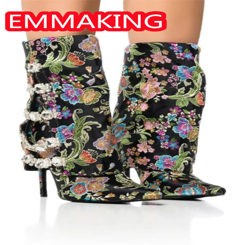 

Женские ботильоны Rero Big Flowers из ткани с острым носком и бриллиантами, новинка 2024, модная женская зимняя обувь на тонком каблуке для вечеринок, размер 44