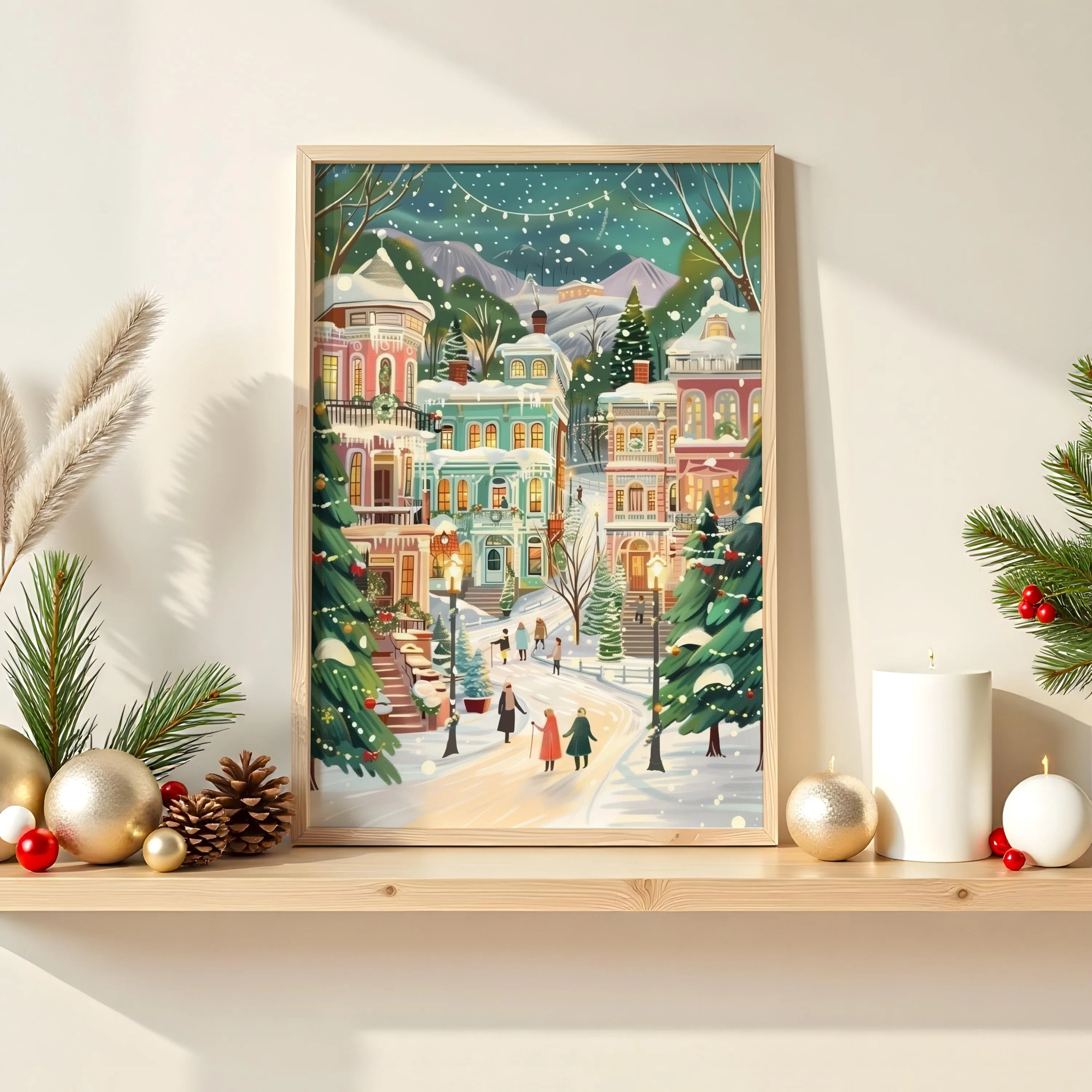 

Warm Christmas village art,winter village pattern,snowy holiday scene,nostalgic Christmas wall art,home living room decoration.