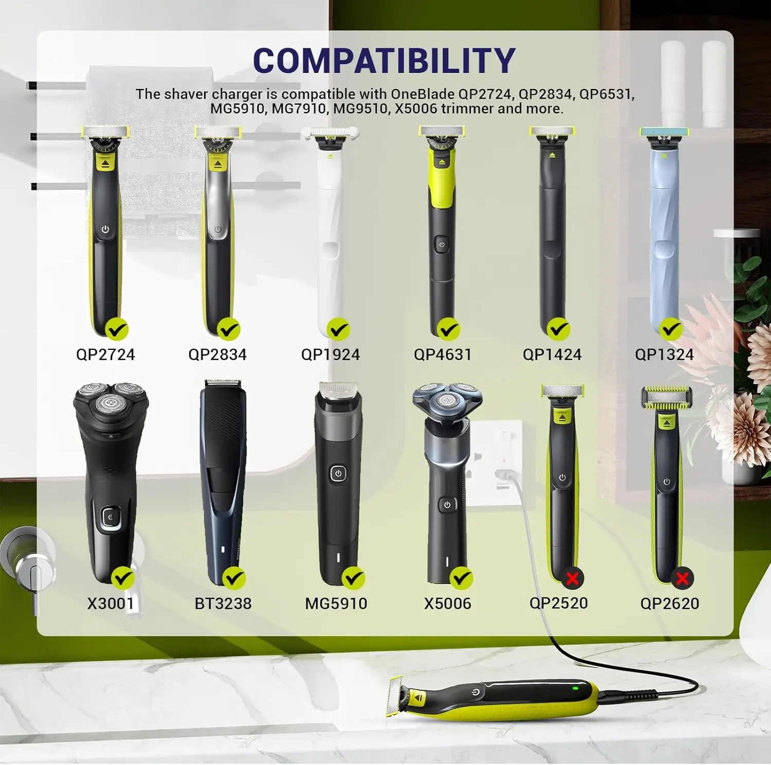 USB-шнур зарядного устройства LISI 5 В, совместимый с гибридной электробритвой электробритвой Philips One Blade QP2724 QP2834 QP1424 QP1324 QP1924 QP4631