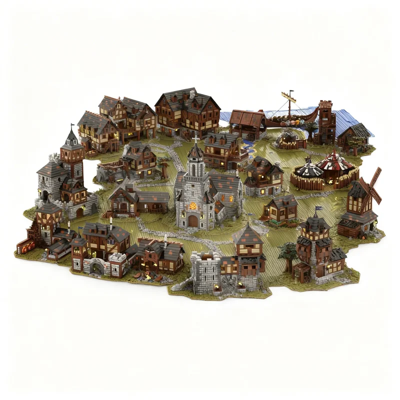 51593pcs MOC ULTIMATE MEDIEVAL VILLAGE BUNDLE Castle Model Toys Building Blocks Construction Christmas Gifts Brick Kids Idea