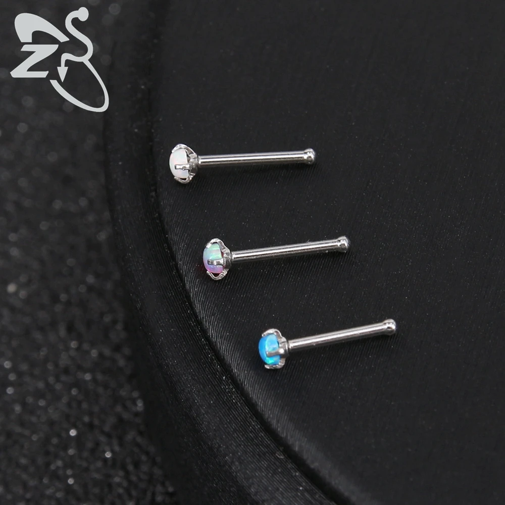 ZS 3-6pcs/lot Blue Color Opal Nose Studs Stainless Steel Nose Piercing Round Screw S-Shaped Nostril Piercing Body Jewelry 18/20G