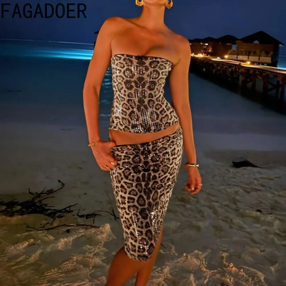 FAGADOER Sexy Leopard Print 2 Pieces Set for Woman Outfits Sequin Sleeveless Backless Crop Top and Skirt Suit Female Streetwear
