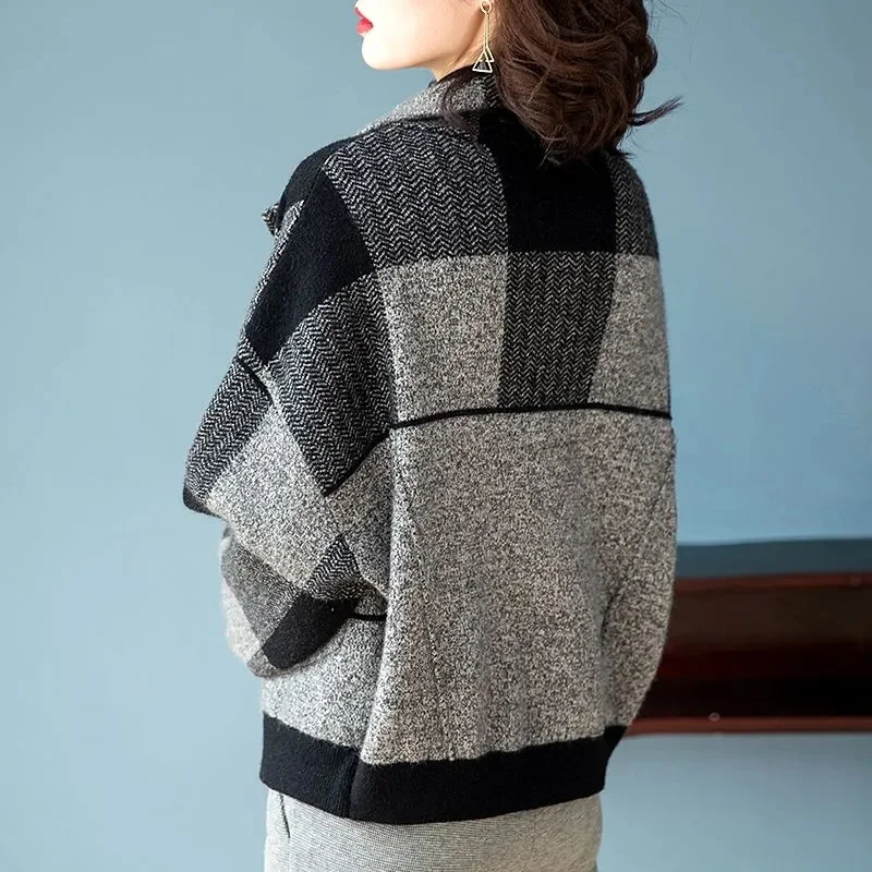 Middle Aged Mother Fashion Long Sleeves Coat Ladies Plaid Short Wool Cardigan Spring Autumn Female Large Size 4XL Loose Outwear