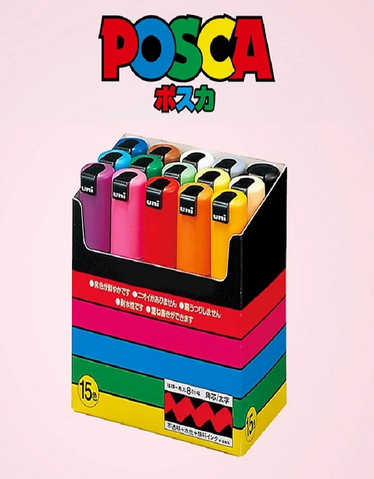 Uni-Marker Pen Set, POSCA Publicidade, Graffiti Pen, Linha Largura 8mm, 15mm, Art Supplies Adequado para Superfícies, Vários Materiais, 8K, 17K