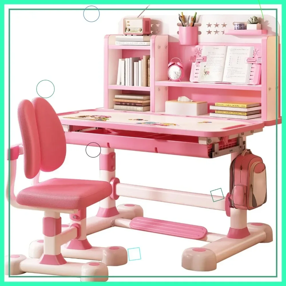 

Hot-sellingAdjustable Kids Desk and Chair Set with Bookshelf, Storage Drawer, Tiltable Desktop for Study (Pink)