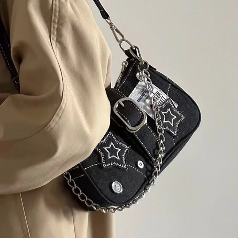 Fashion Denim Canvas Shoulder Bag Purse Women Star Embroidery Underarm Bag Y2K Hobo Bag with Zipper Versatile Chain Handbag 2024