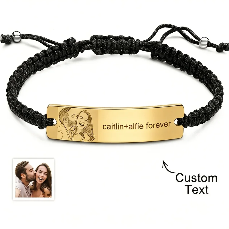 

Personalized Photo Braided Rope Bracelet Custom Text Couple Husband Wife Family Pet Photo Bracelet Fashion Matching Jewelry Gift
