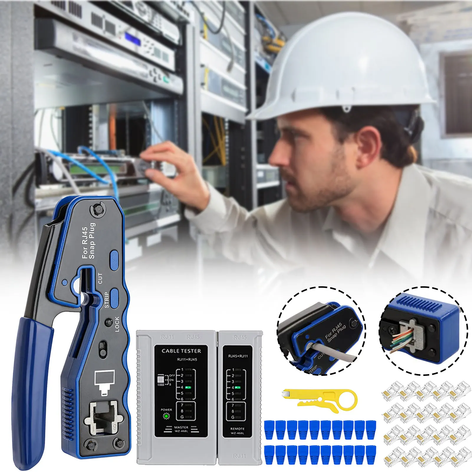 RJ45 Crimp Tool Set Pass Through Crimper Cutter Professional Heavy Duty Ethernet Crimp Tool Multifunction Cable Wire Stripper