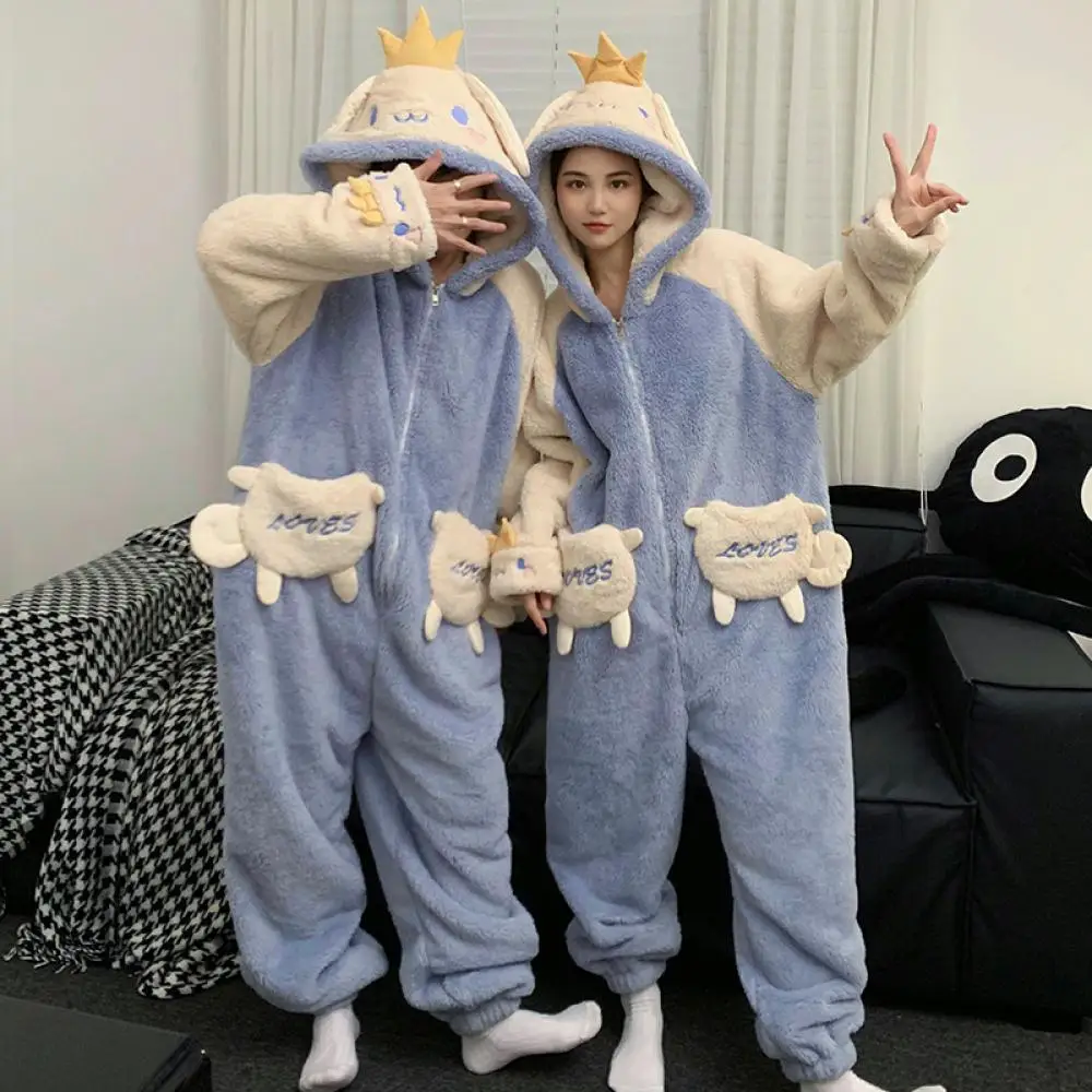 Anime Kuromi Jumpsuit Pajamas Sanrioed Cute Couple Plush Home Clothes Kawaii Cartoon Winter Men Women Hooded Plus Size Nightwear