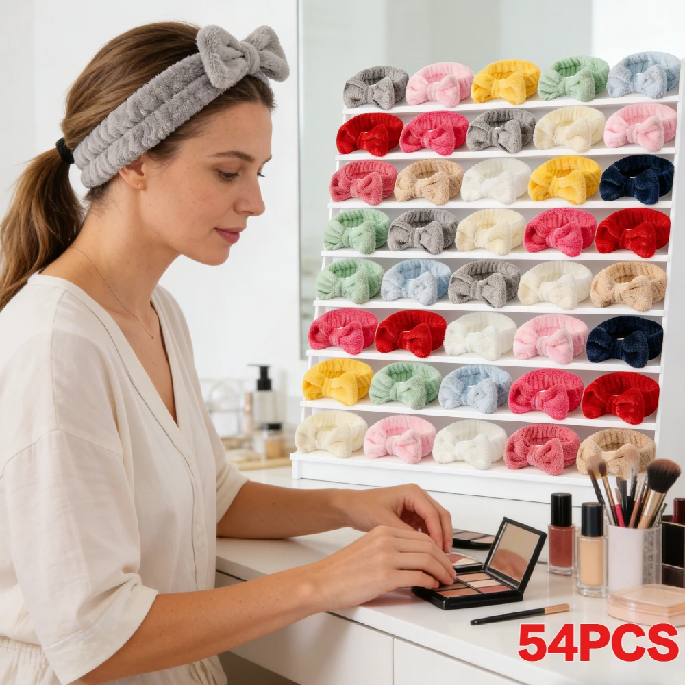 

Набор из 54 штук: Повязки для спа-процедур и умывания лица, оптом, из кораллового флиса, с бантом, пушистые, для душа, для женщин