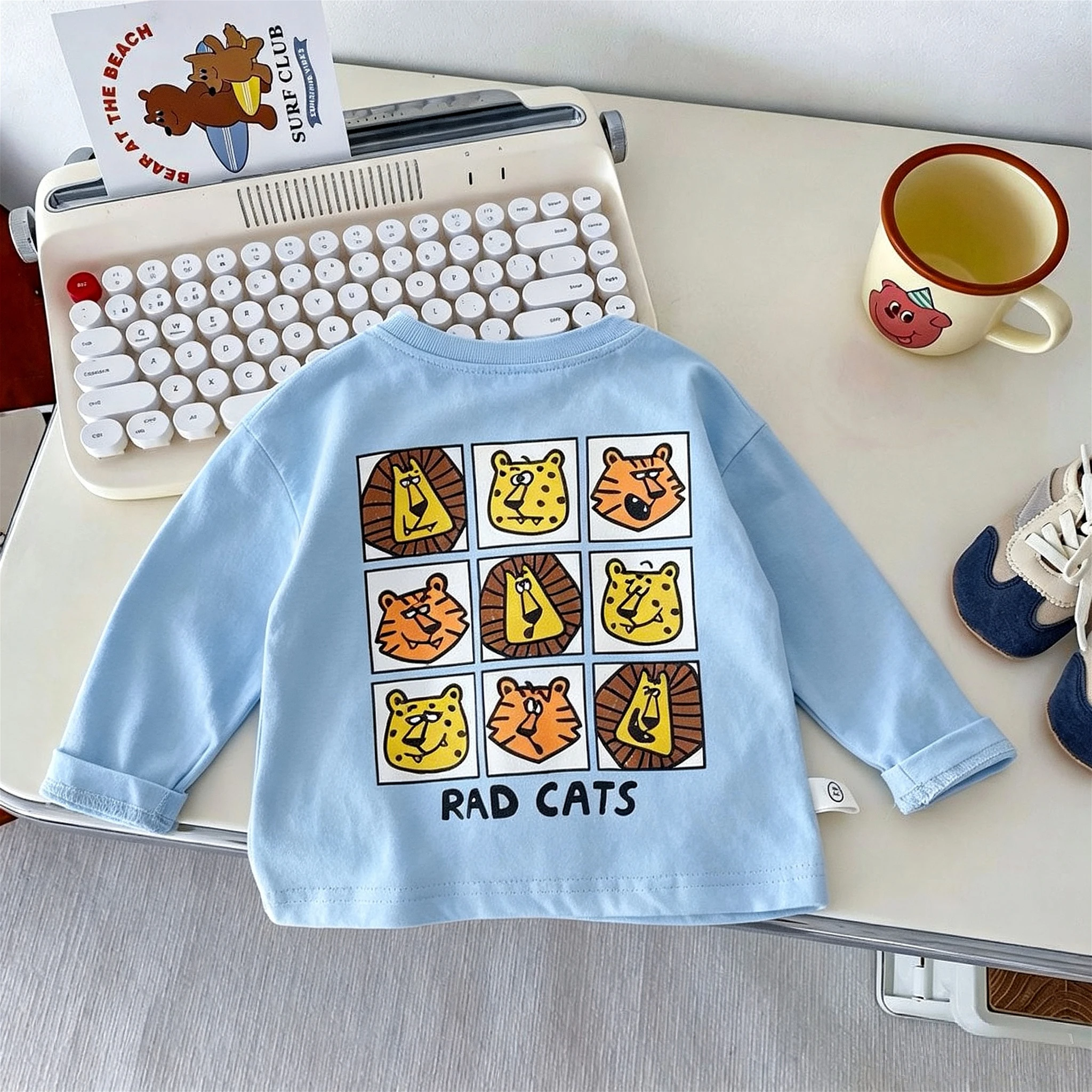 Solid Color Cartoon Pattern Kids Long Sleeve Tshirts Tops Autumn New Children's Clothes Round Collar Pullover Boys Base Shirts