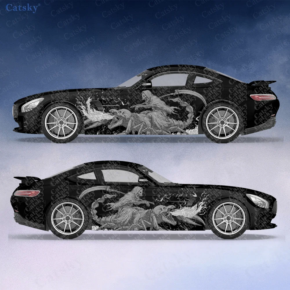 2pcs Flame Skull Riding Scorpion Car Side Wraps, Self-Adhesive PVC Waterproof & Scratch-Resistant Stickers, Car Accessory Gift