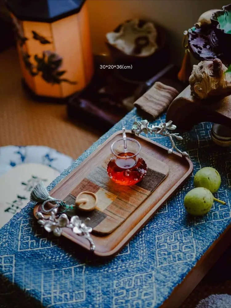 Home Living Room Gesang Flower Pot Handmade Gilded Silver Flower Rectangular Solid Wood Jewelry Aromatherapy Tray Tea Tray