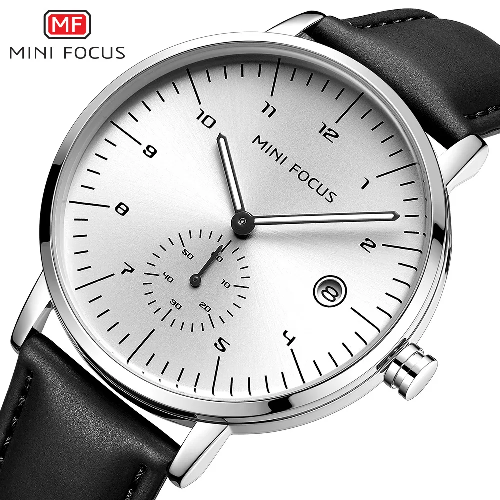 MINI FOCUS 0303 Men Quartz Watch Business Simple Black Leather Strap Analog Date Display Male Wristwatch Relogios Masculinos