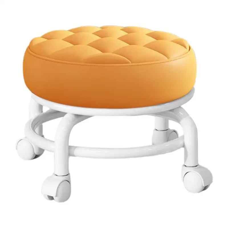 360 Degree Rotating Rolling Stool PU Leather Multi-functional Heavy Duty Low Seat Waterproof Round Stool With Wheel