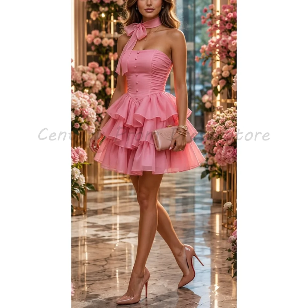 

Pink Strapless Corset Mini Homecoming Dress Halter Neck Bow Tie Ruched Tiered Ruffle Tulle Short Prom Dress Cocktail Party Gown