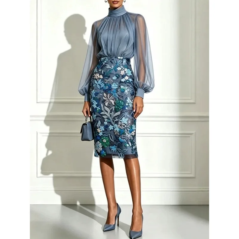 Women 2 Piece Outfit, High Neck Long Sleeve Chiffon Blouse Floral Embroidery Pencil Skirt Set Elegant Formal Party Matching Suit