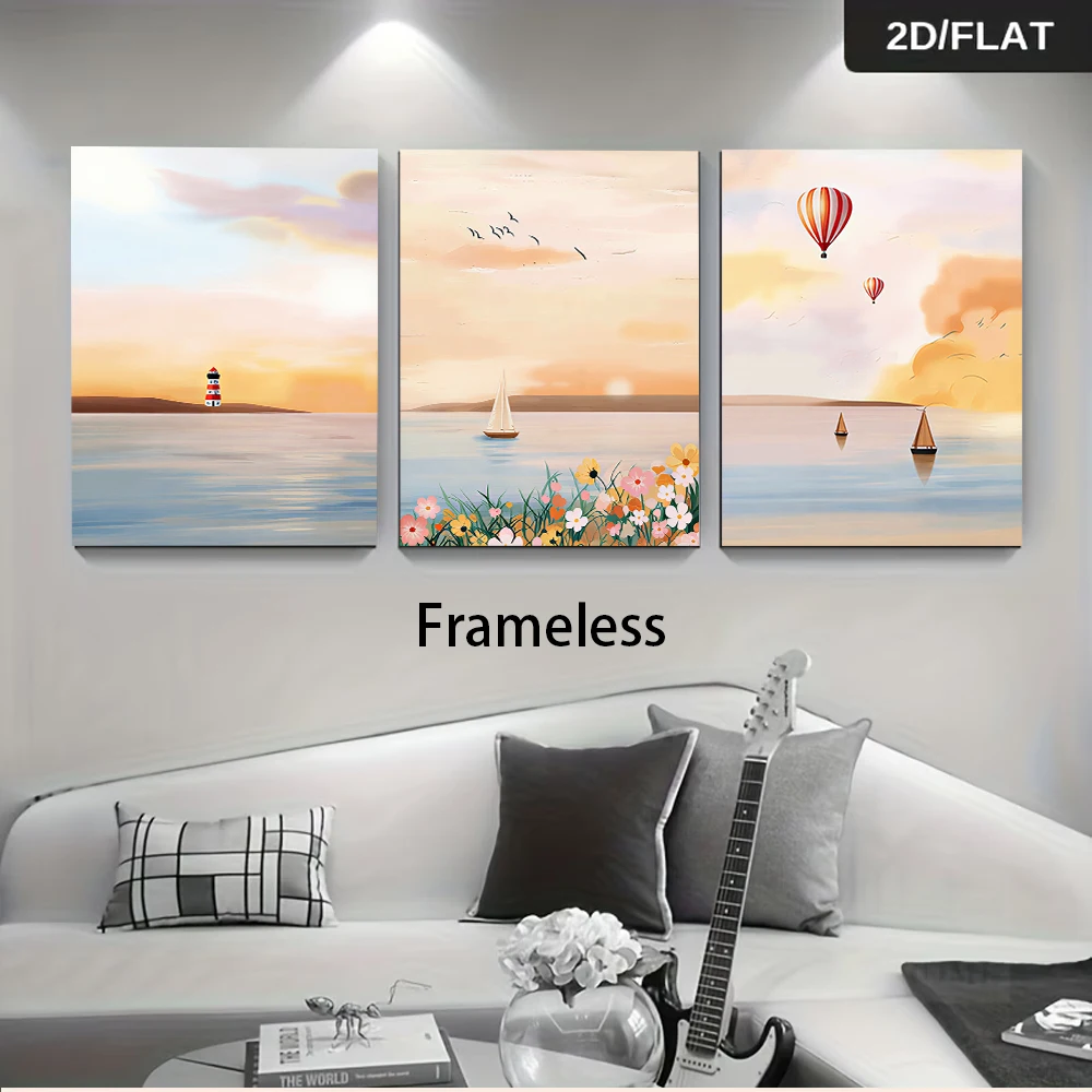 1 Set of 3-Panel Frameless Decorative Art – Landscape Mural Featuring Mountains, Hot Air Balloons, and Sailboats (2D Flat Design