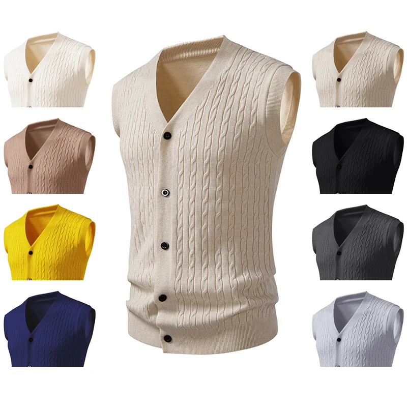 

Autumn Men's V Neck Knit Sweater Vest Button Down Sleeveless Cable Cardigan Vest Outdoor Business Lightweight Cardigan Coats