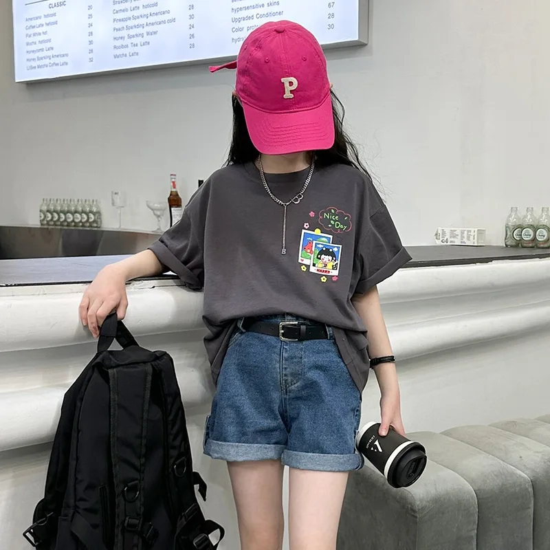 Children Clothing Kids 2024 Summer New Korean Style Short Sleeve Cartoon Printed T-shirt for Girls Cute Short Sleeve 4-14Y