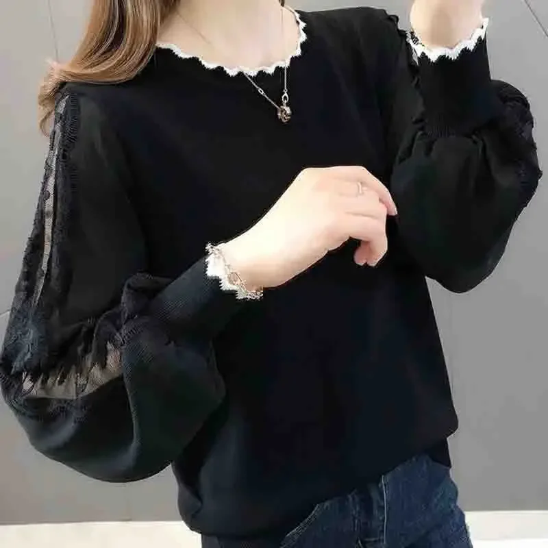 Korean Women Splicing Large Size Lace Knitted Tops Female Spring Autumn Annals Fashion Lantern Sleeve Chiffon Lace Tops