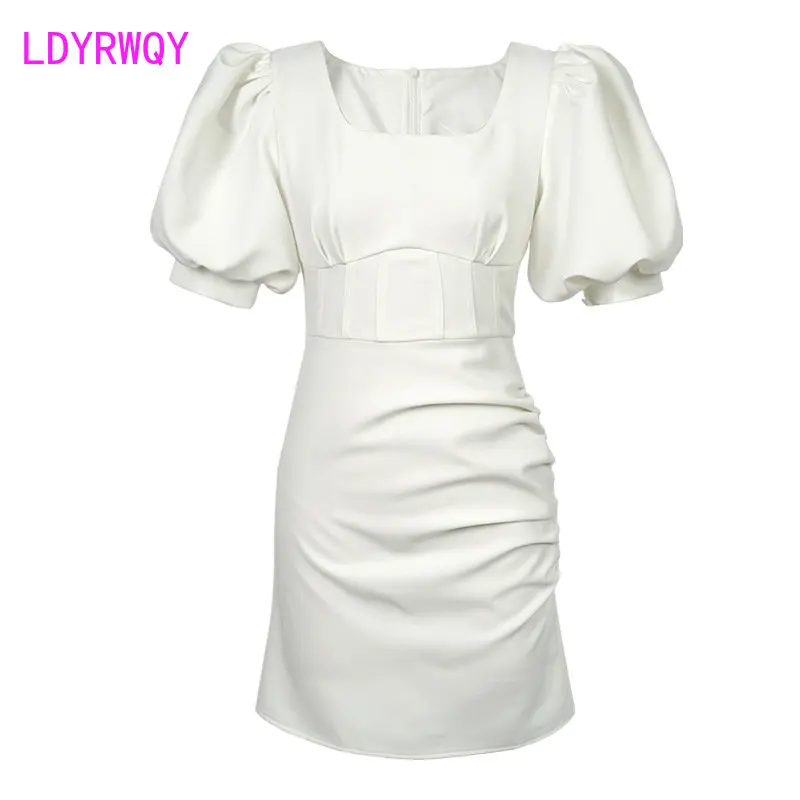 French bag hip skirt female 2023 Hepburn temperament bubble sleeve waist slim design dress black