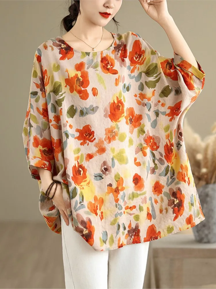 Ponadgabarytowe letnie koszulki damskie kwiatowy kwiatowy nadruk modne bluzki damskie z półrękawem Casual luźne koszulki damskie