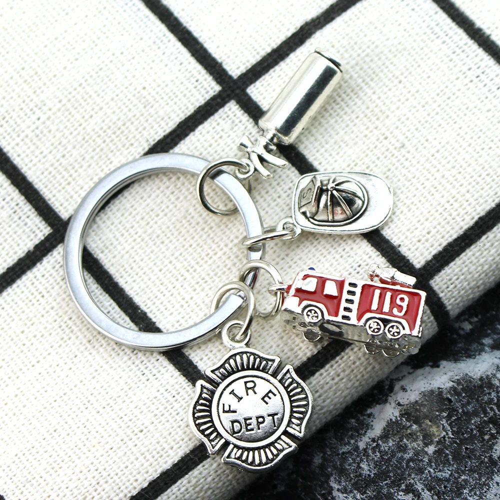 New Fire Extinguisher and Flame Key Chain Letters Firemen Fire Hero Key Ring Creative Firefighter Gift Fashion Jewelry