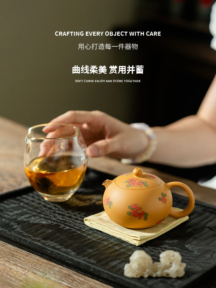 Little Teapot Household Creative Golden Section Purple Sand Pure Hand Drawing Five Petal Flower Xi Shi Pot Set Making Device