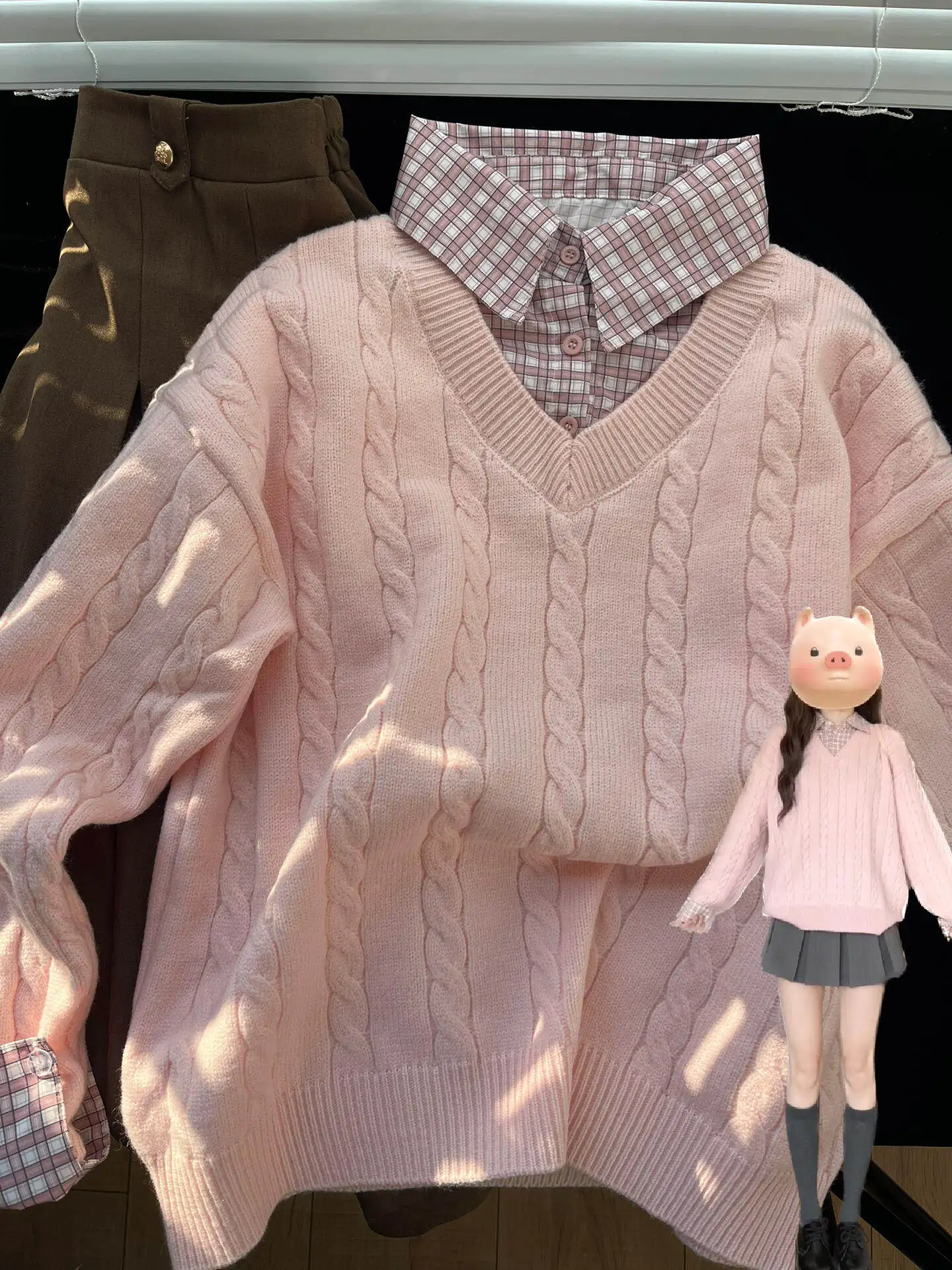 

Мягкий уютный женский вязаный свитер с клетчатым воротником и имитацией двухслойности, осенне-зимний, высокого качества, с длинными рукавами