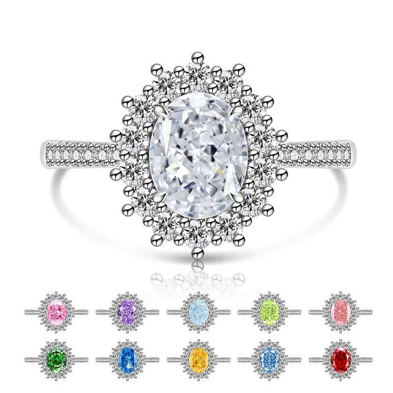 925 Sterling Silber Mode Luxus-Ring mit Eisblumen-Schliff, Taubenei-Sonnenblumen-Kristall und Zirkon für Damen, Schmuckgeschenk – Detail 5