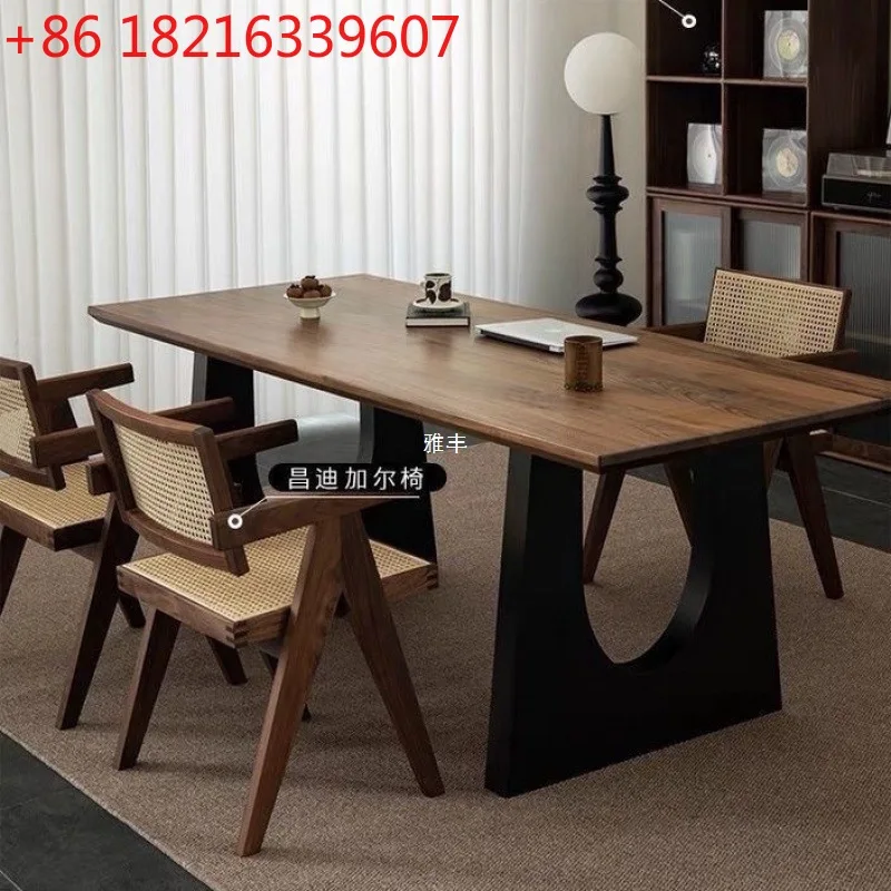 Banco da lavoro lungo da soggiorno in legno massello color noce, scrivania da pranzo con bordo grande, riunione integrata