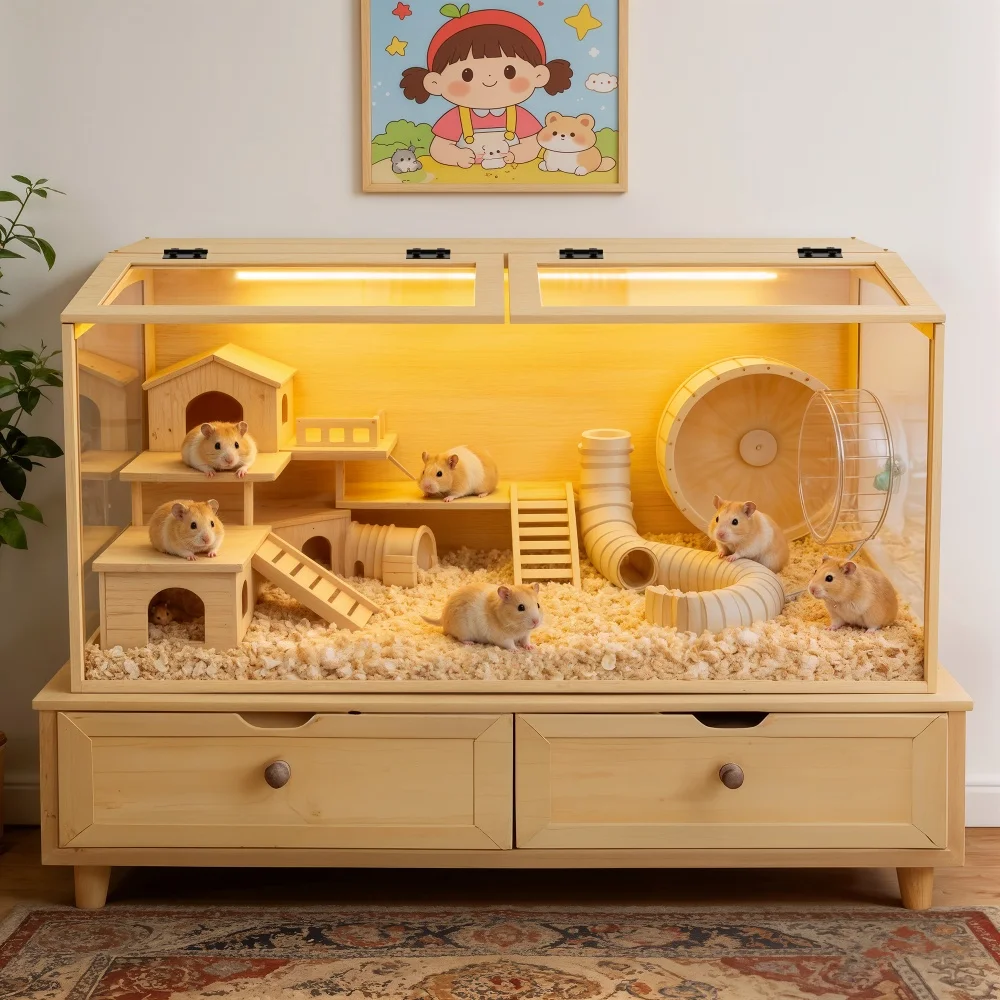 Large Tempered Glass Wooden Hamster Habitat Cage
