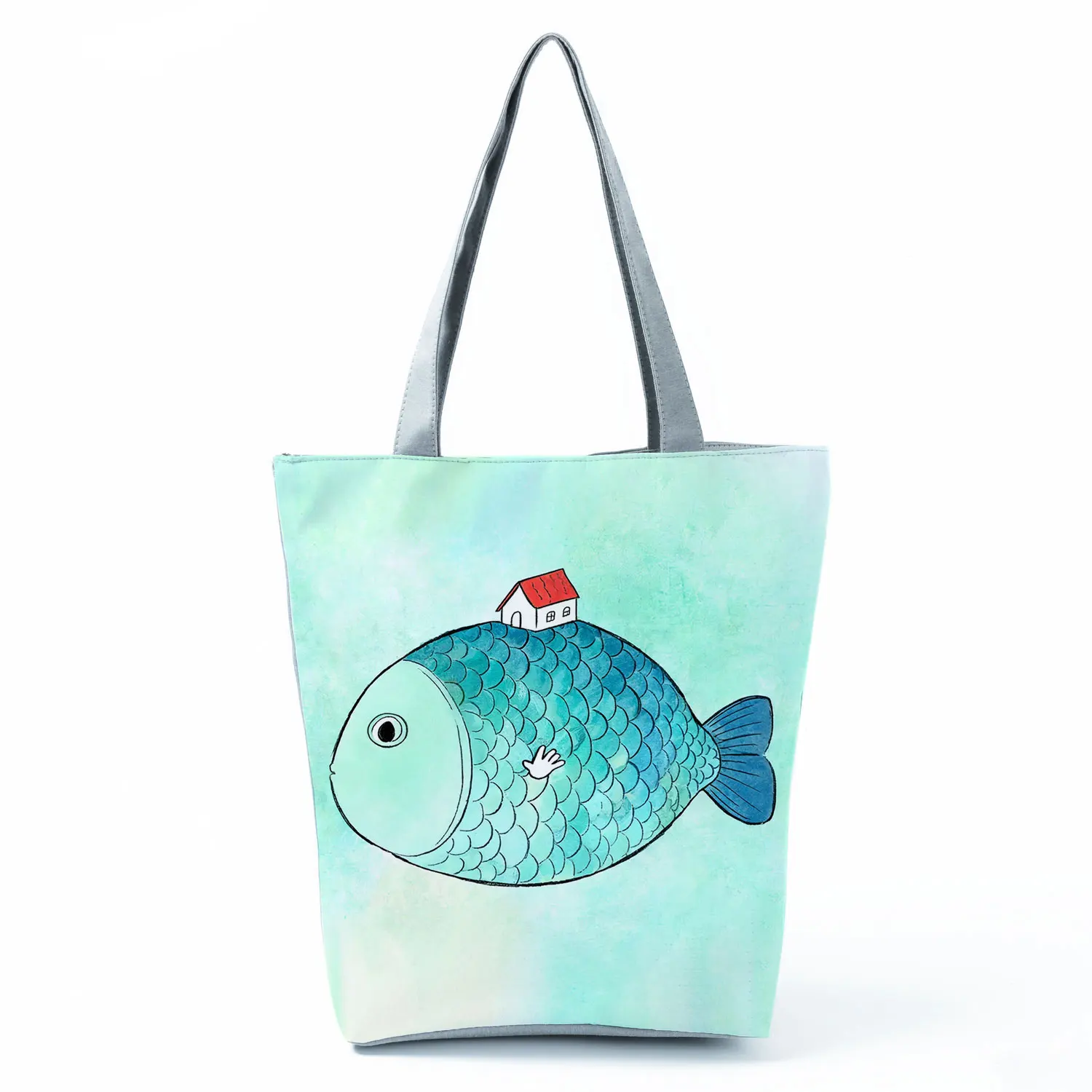Watercolor Fish House Fantasy Print Women Shoulder Bag Foldable Shopping Bag Zipper Handbag Casual Tote Large Capacity Beach Bag