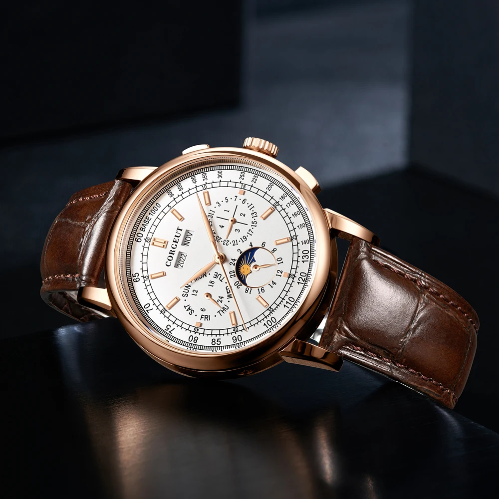 42mm Luxury Corgeut Brand Men Watch Moon Phase Multifunction Year Day Week Leather Sport Automatic Male Clock Relogio Masculino