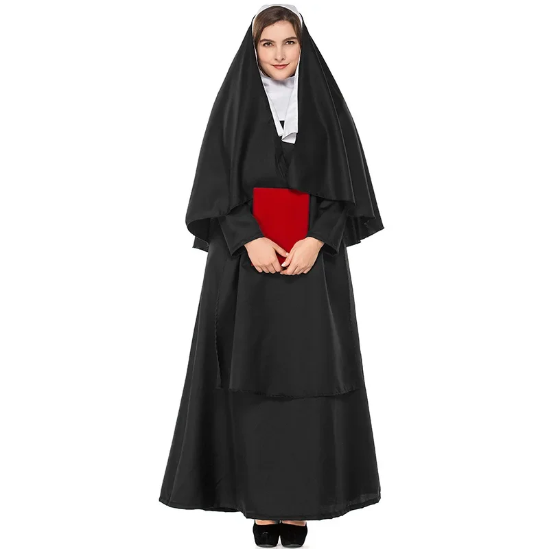 Medieval Women Halloween Nun Costume Female Black Dress Party Sexy Cosplay Priestess Long Nun Church Religious Convent Costume R