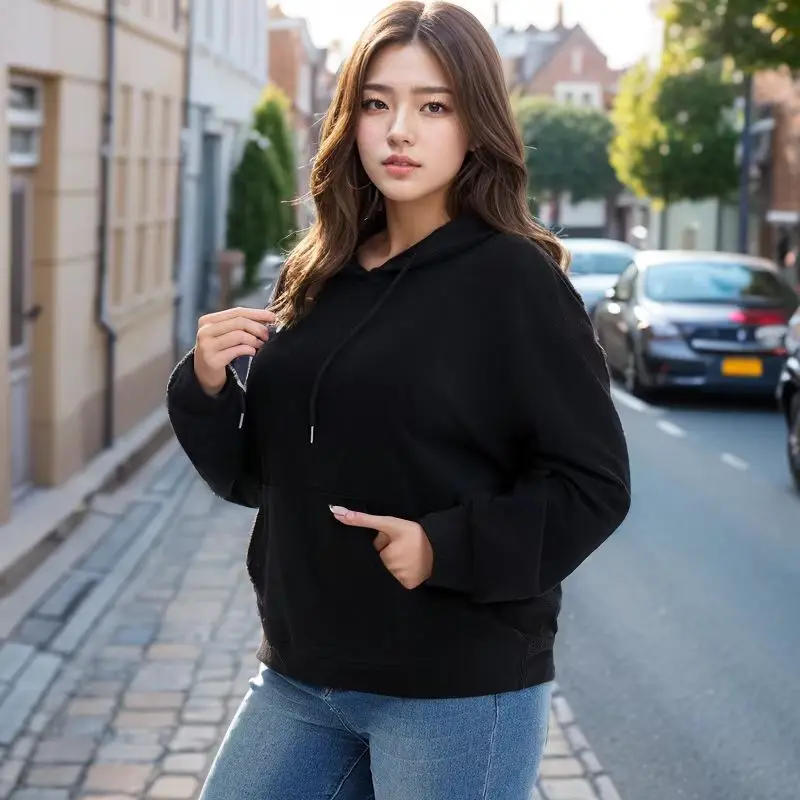 

Autumn and winter medium and long large size hooded sweater fleece fleece plus fat large size long sleeve loose top fashionable