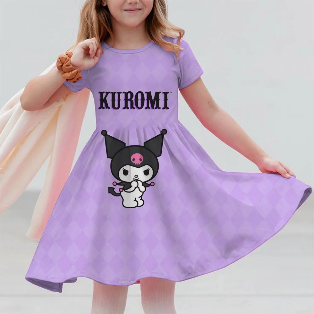 Miniso Cute Hello Kitty 3D Print Girls Short Sleeve Dress Children’s Summer Kuromi Clothing Soft Skirt Kids Nightgown Camping