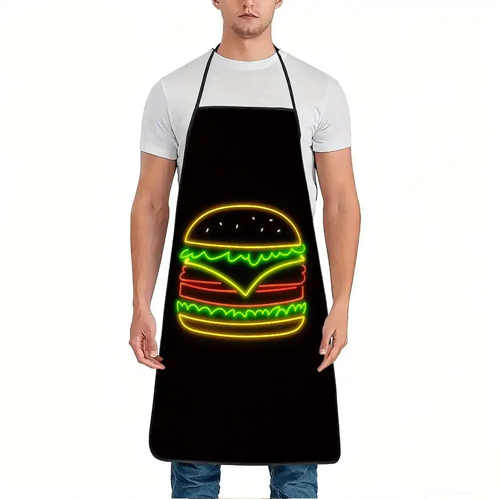 1pc Neon Burger Apron - Adjustable Waistband, Easy-Clean Polyester Kitchen Apron with Neon Burger Graphic, for Cooking, Gardenin