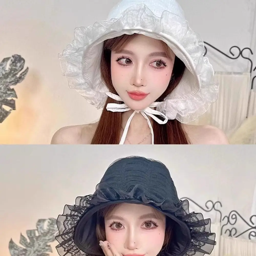 

Korean Summer Lace Bucket Hat White Thin Fisherman Hat Sweet Wide Brim Visor Basin Cap Girls