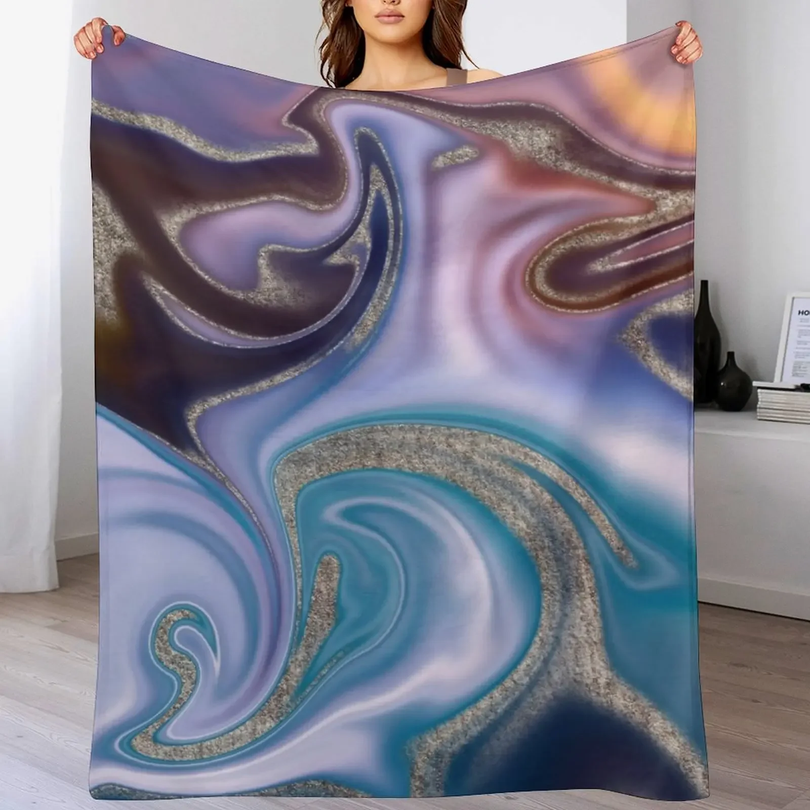 Liquid Blue And Copper Faux Marble Texture Throw Blanket Warm Comfortable Blanket Gift for Parents Friends
