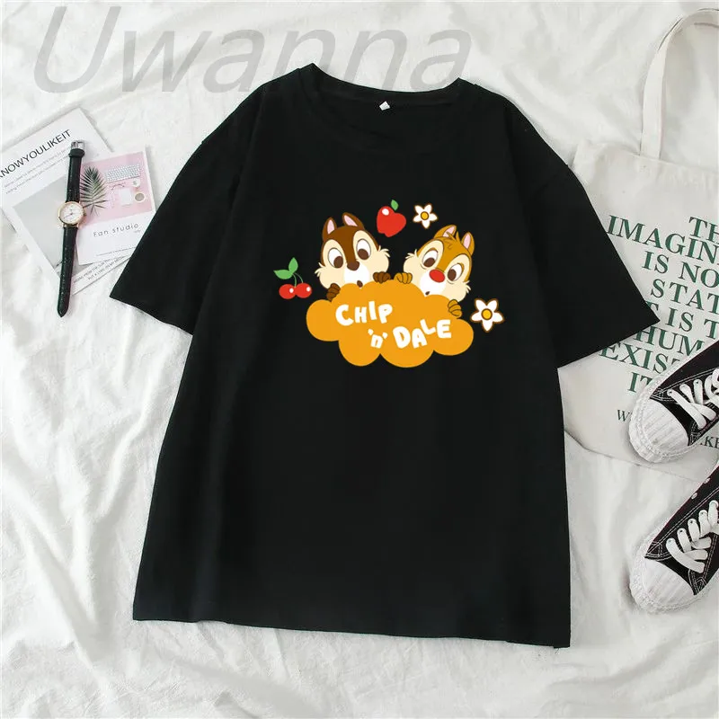 Camiseta con estampado de Chip y Dale para mujer, camiseta de manga corta, Tops blancos informales, camiseta negra Kawaii, camiseta gráfica de