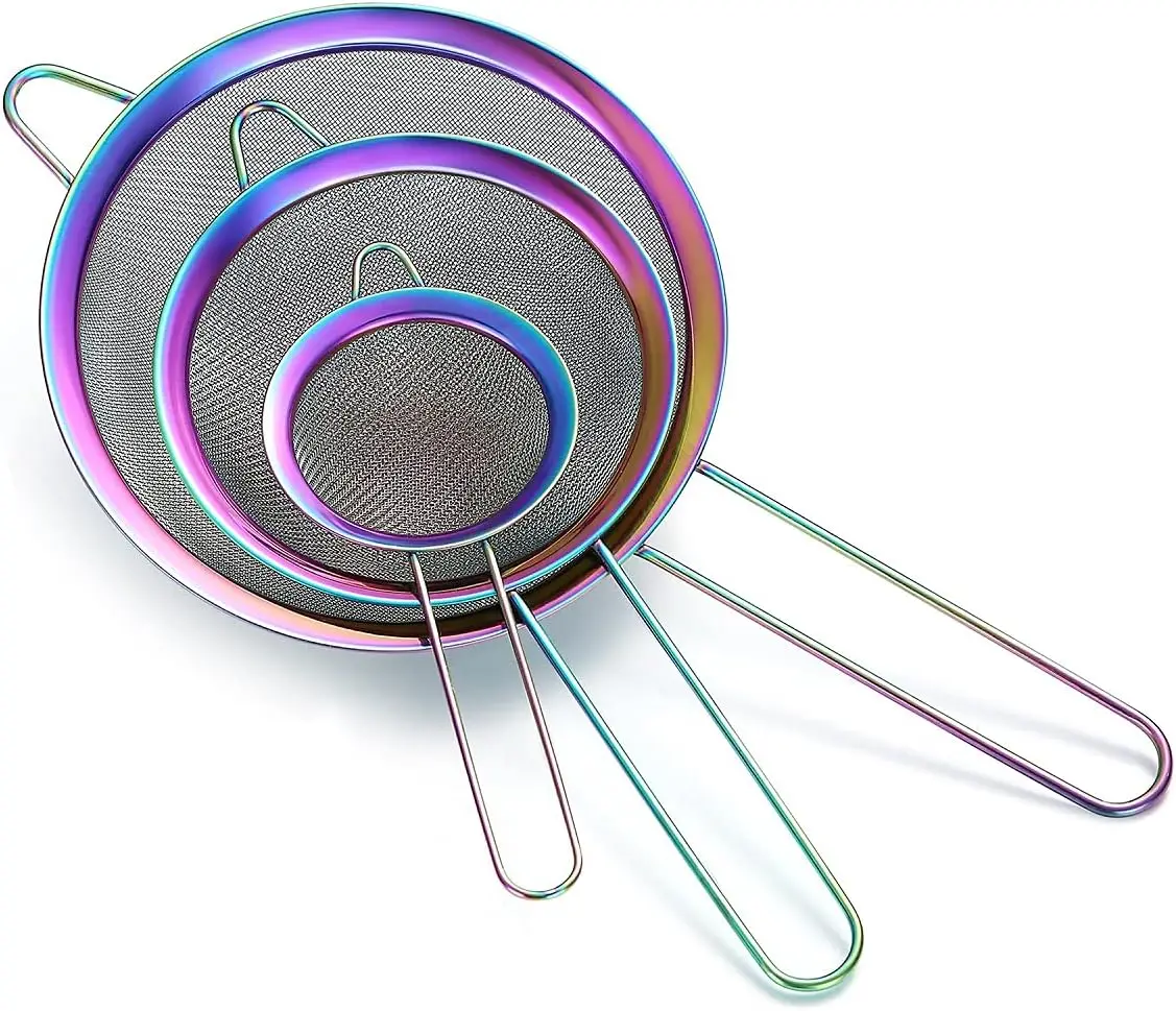 

Rainbow Fine Mesh Strainer 3 Piece Set, Stainless Steel Flour Sifter for Baking, Pasta Strainers with Multi-Color Design